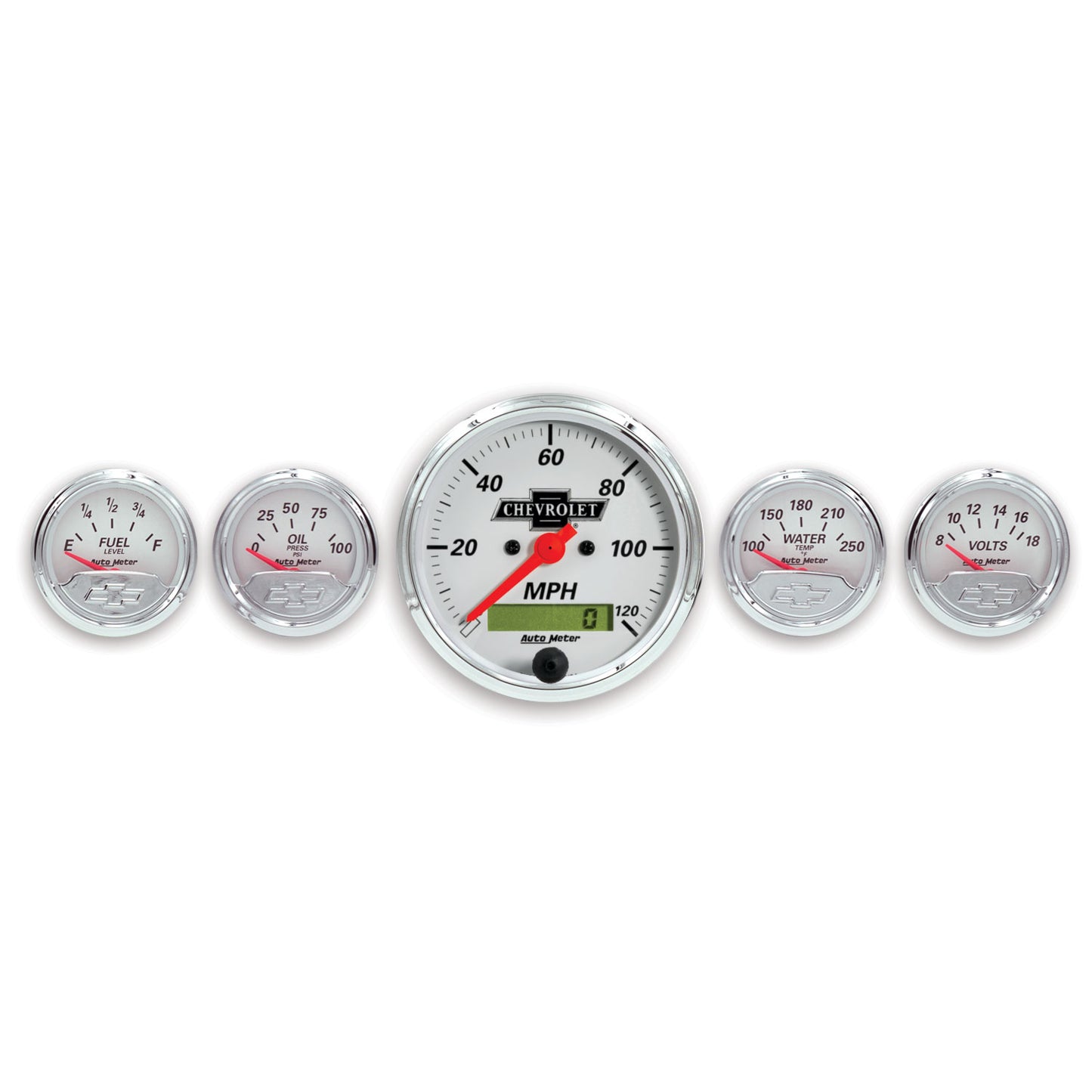 5 PC. GAUGE KIT 3-1/8 In. & 2-1/16 In. ELEC. SPEEDO. CHEVROLET HERITAGE BOWTIE