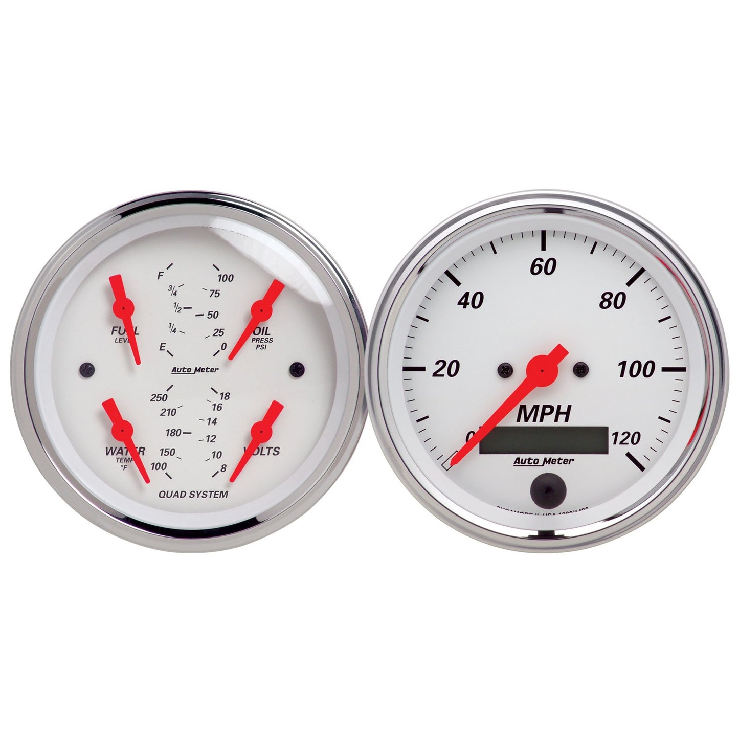 AutoMeter 2 PC. Gauge Kit, 3-3/8 in. Quad & Speedo, Electric, 240-33 Ω, Artic White - ATM-1308