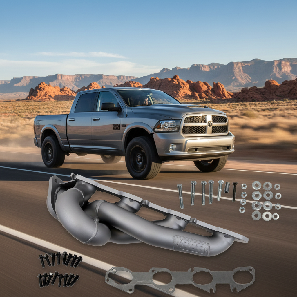 Silver pickup truck on a desert road with exhaust system components displayed below.