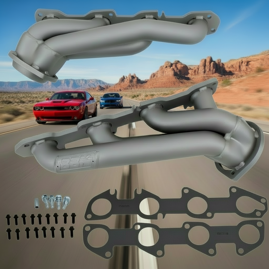 Car exhaust system components with a scenic road background