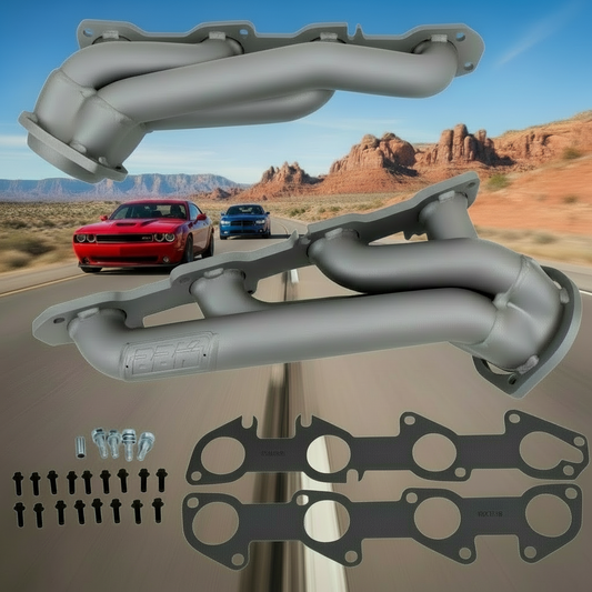 Car exhaust system components with a scenic road background