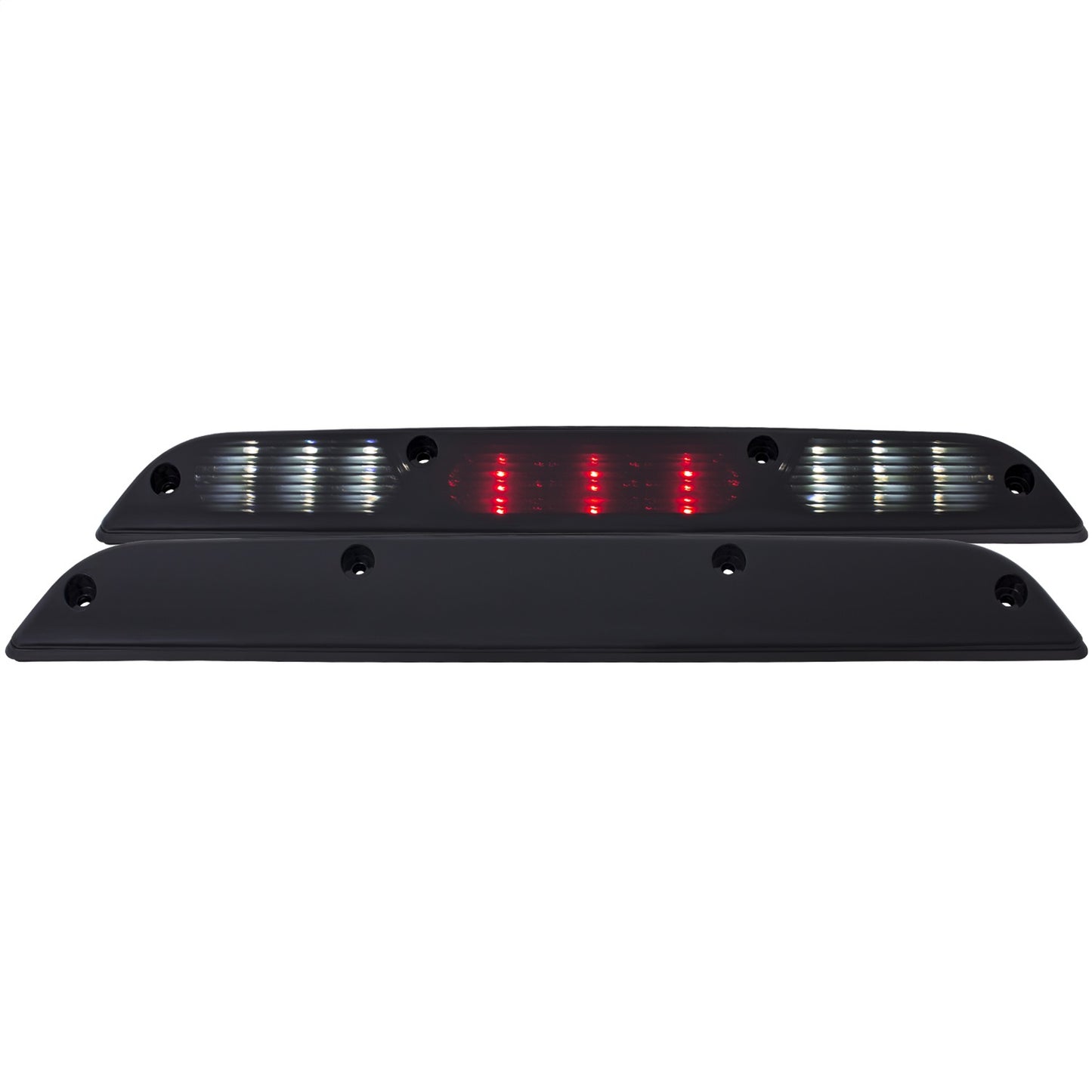 Black LED light bar with red lights on a white background
