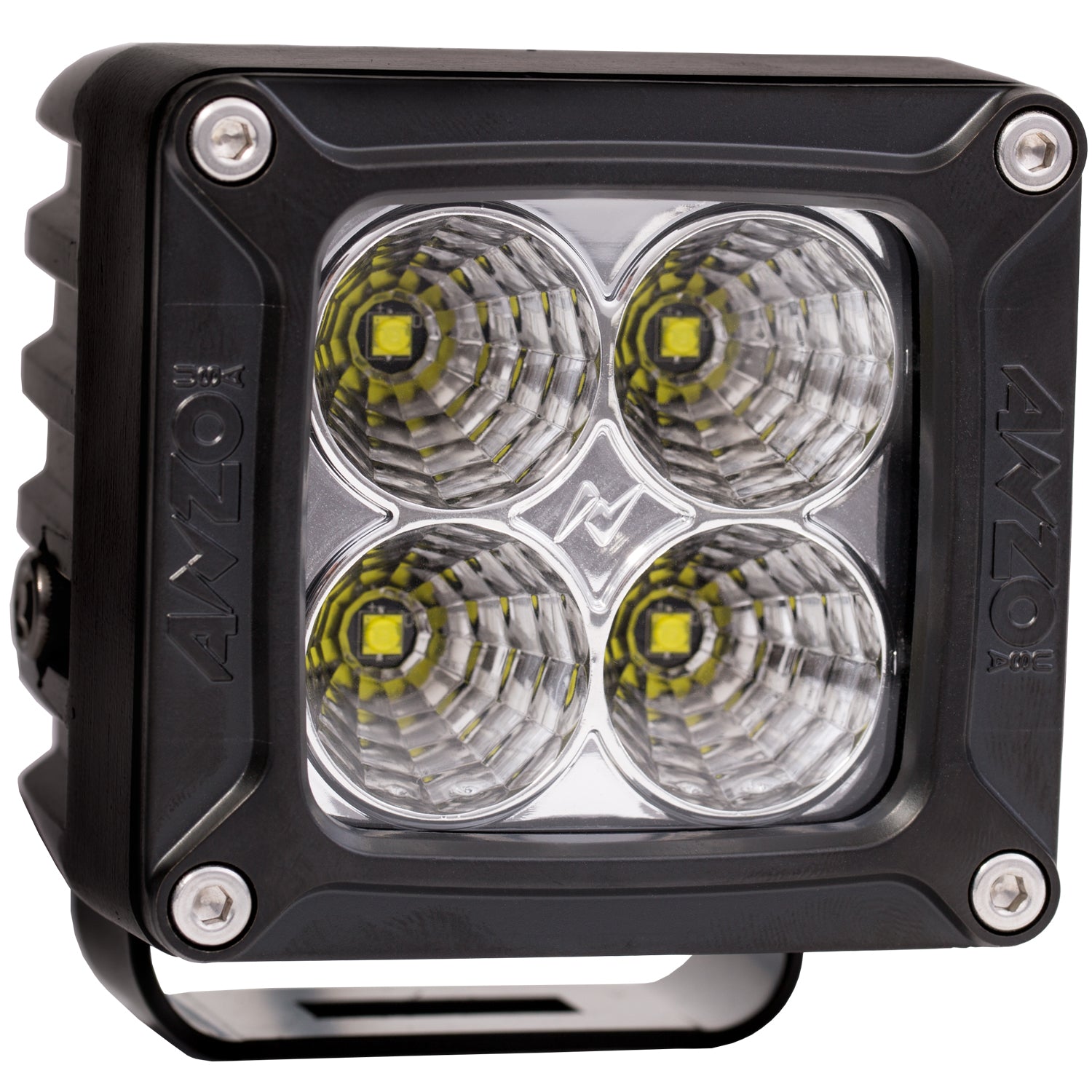 Cube-shaped LED light with four circular lenses and 'AXO' branding on a white background