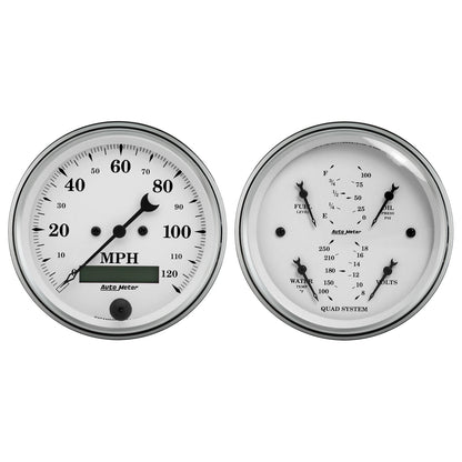 AutoMeter 2 Pc. Gauge Kit 3-3/8 in. Quad & Speedometer 240-33 Ω Old Tyme White - ATM-1600