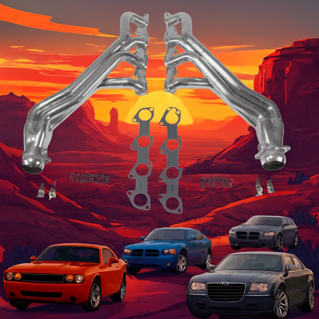 Metallic exhaust pipes with gaskets against a desert landscape with cars below.