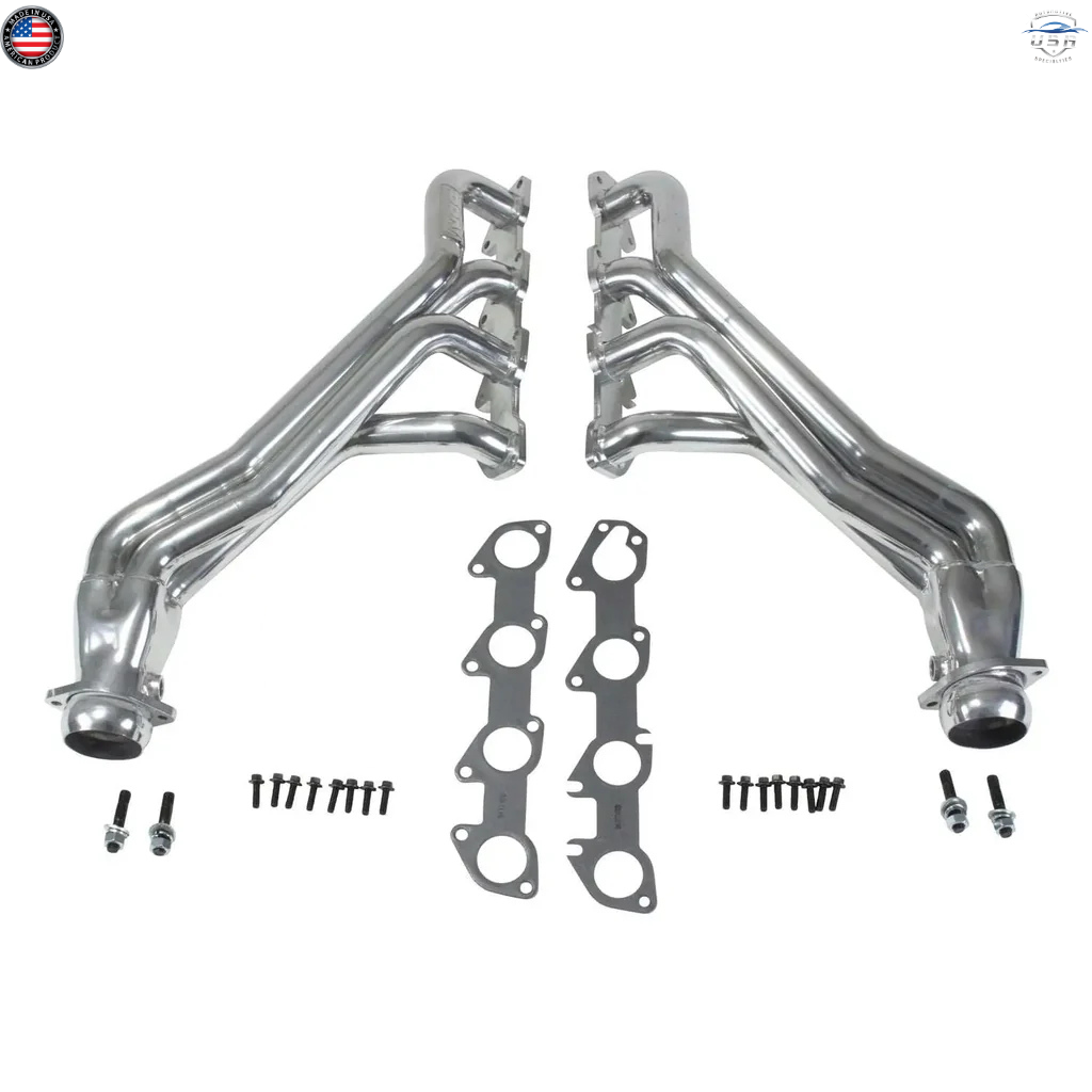 Metal exhaust pipes with gaskets and bolts on a white background