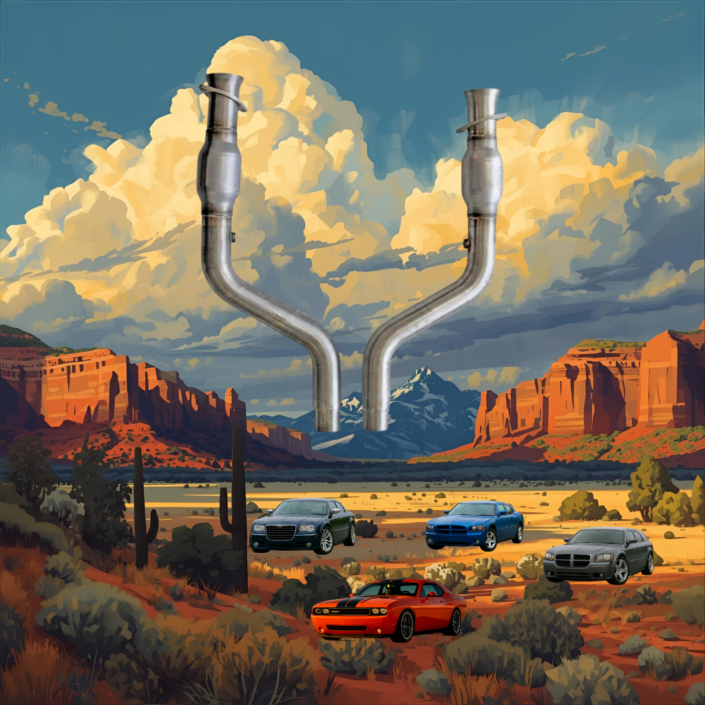 Desert landscape with cars and exhaust pipes forming a question mark shape.