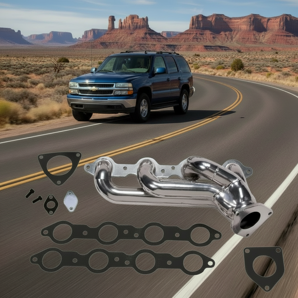 Exhaust system kit with gaskets on a road with desert landscape in the background