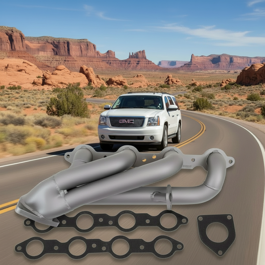 White SUV on a desert road with exhaust manifold and gaskets in the foreground