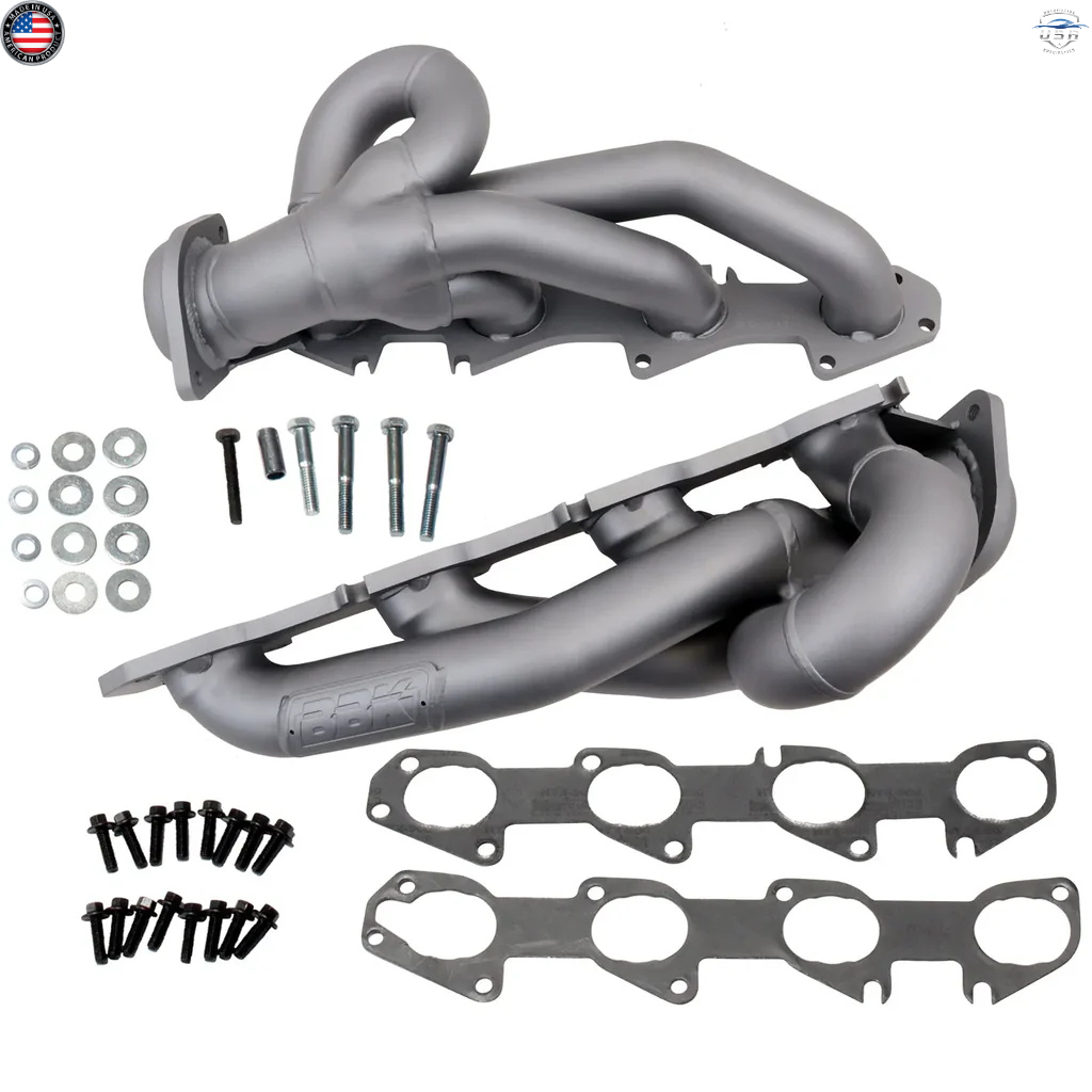 Car exhaust manifold kit with hardware on a white background