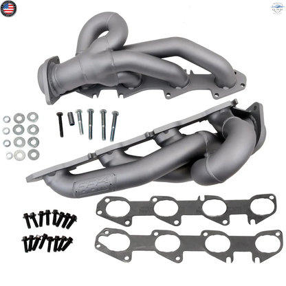 Car exhaust manifold kit with hardware on a white background
