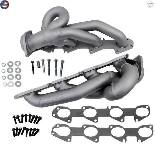 Car exhaust manifold kit with hardware on a white background