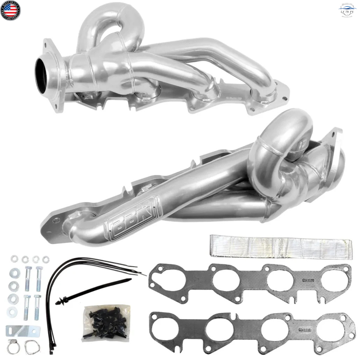 Automotive exhaust system components on a white background with a visible brand logo.