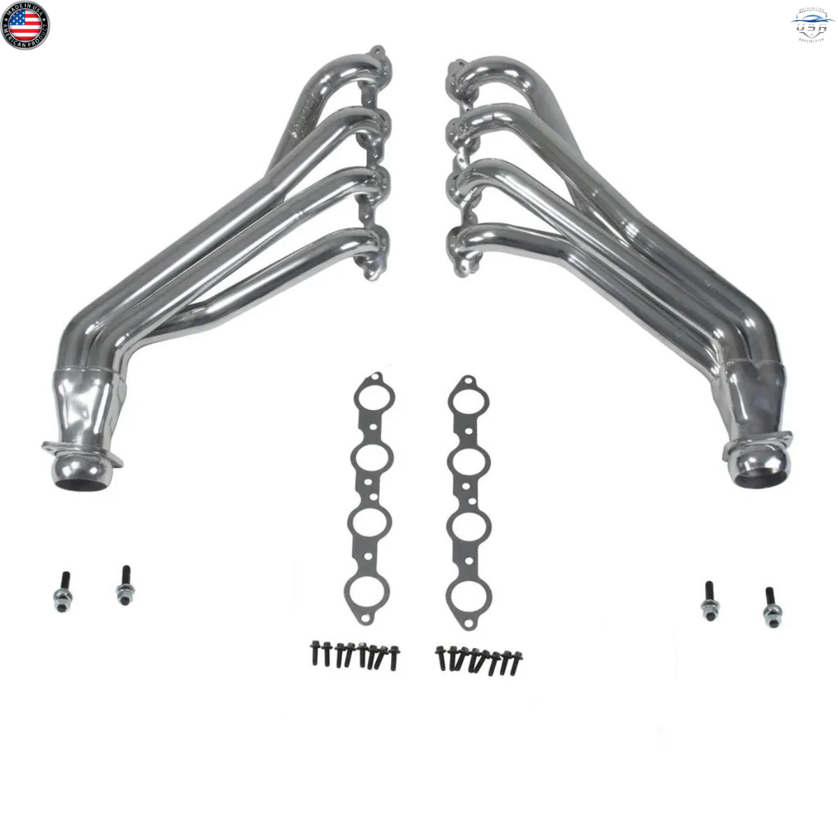 Set of metallic exhaust pipes and gaskets on a white background