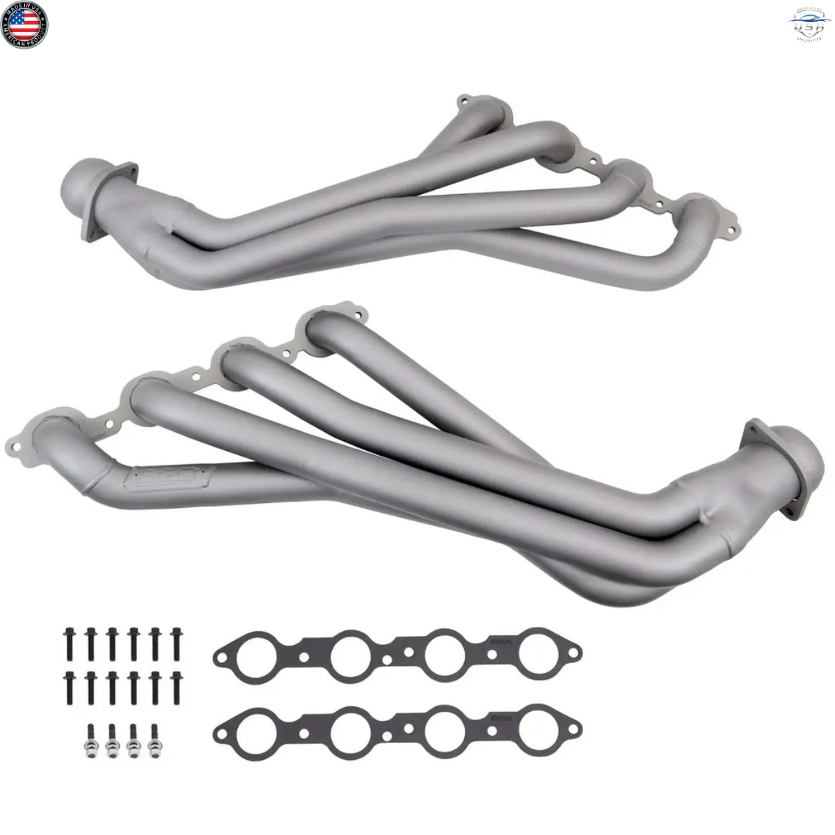 Set of gray exhaust pipes with gaskets and bolts on a white background