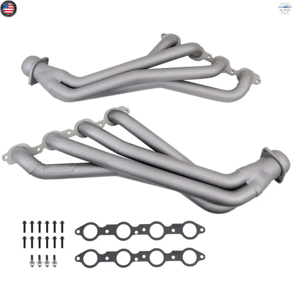 Set of gray exhaust pipes with gaskets and bolts on a white background