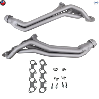 Metal exhaust pipes with gaskets and bolts on a white background