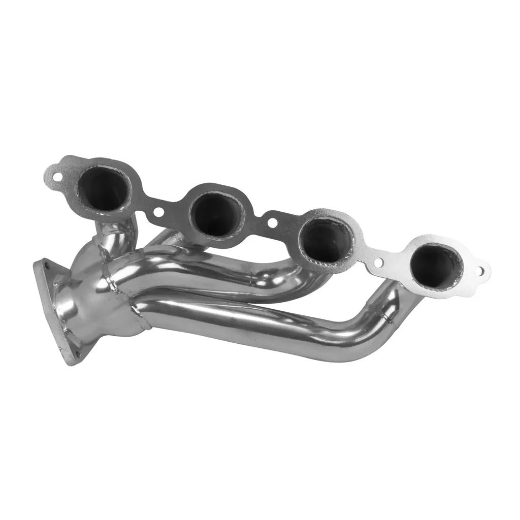 Metallic exhaust manifold on a white background