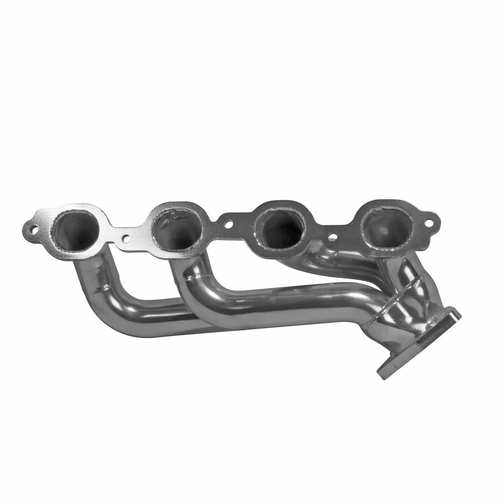 Metallic exhaust manifold on a white background