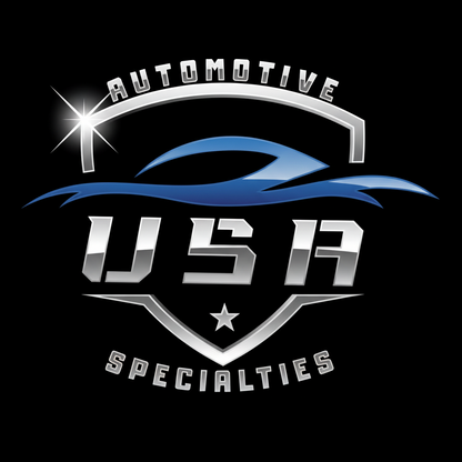 Logo of Automotive USA Specialties with blue and silver design on a black background