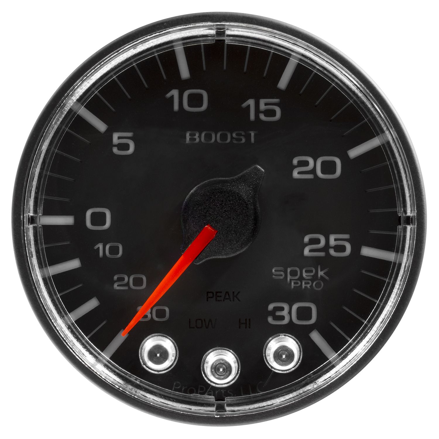 The gauge is black and displays 2-1/16 In. Boost/Vacuum from 30 In Hg to 30 Psi