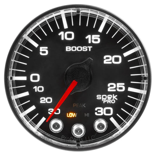 A black gauge with the words "Boost Pro" on it. 7 color background illuminations, configurable warnings, and peak recall function.