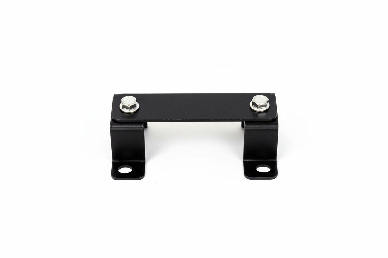 Black metal bracket with two screws on a white background