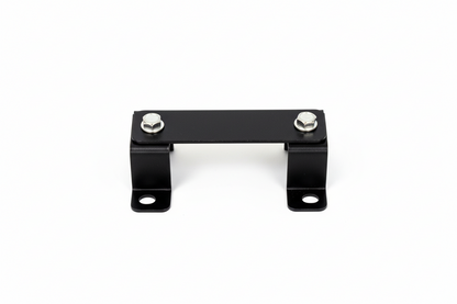 Black metal bracket with two screws on a white background