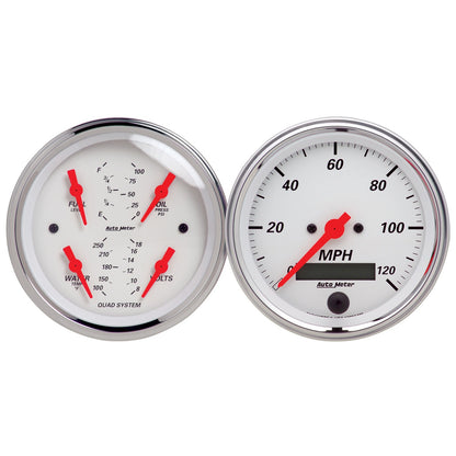 AutoMeter 2 PC. Gauge Kit, 3-3/8 in. Quad & Speedo, Electric, 240-33 Ω, Artic White - ATM-1308