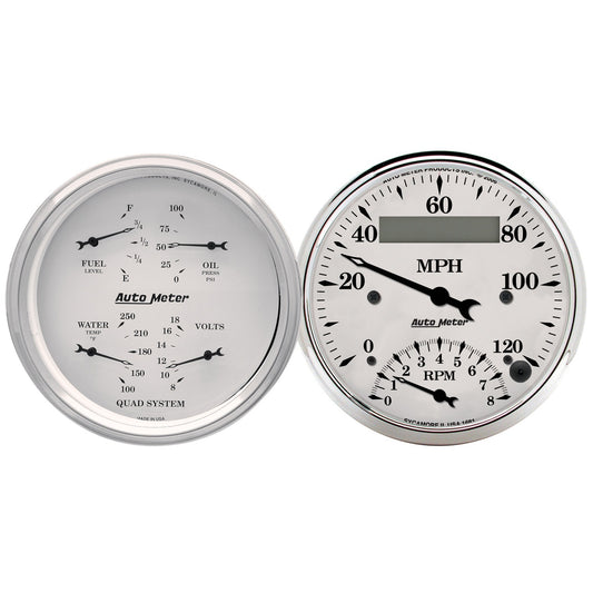 AutoMeter 2 Pc. Gauge Kit 3-3/8 in. Quad & Tach/Speedo 240-33 O Old Tyme White - ATM-1620