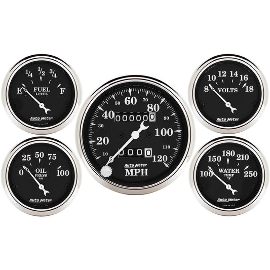 5 PC. GAUGE KIT 3-1/8 In. & 2-1/16 In.  MECH. SPEEDOMETER OLD TYME BLACK