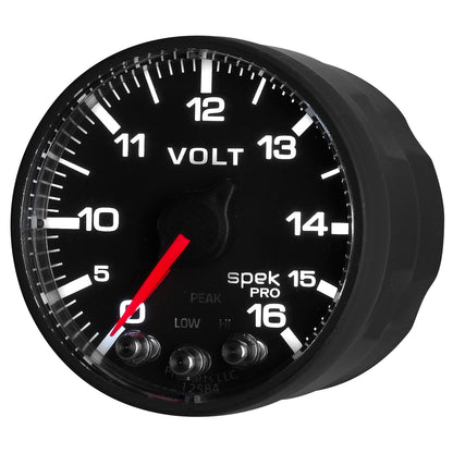 2-1/16 In. VOLTMETER 0-16V SPEK-PRO BLACK/BLACK